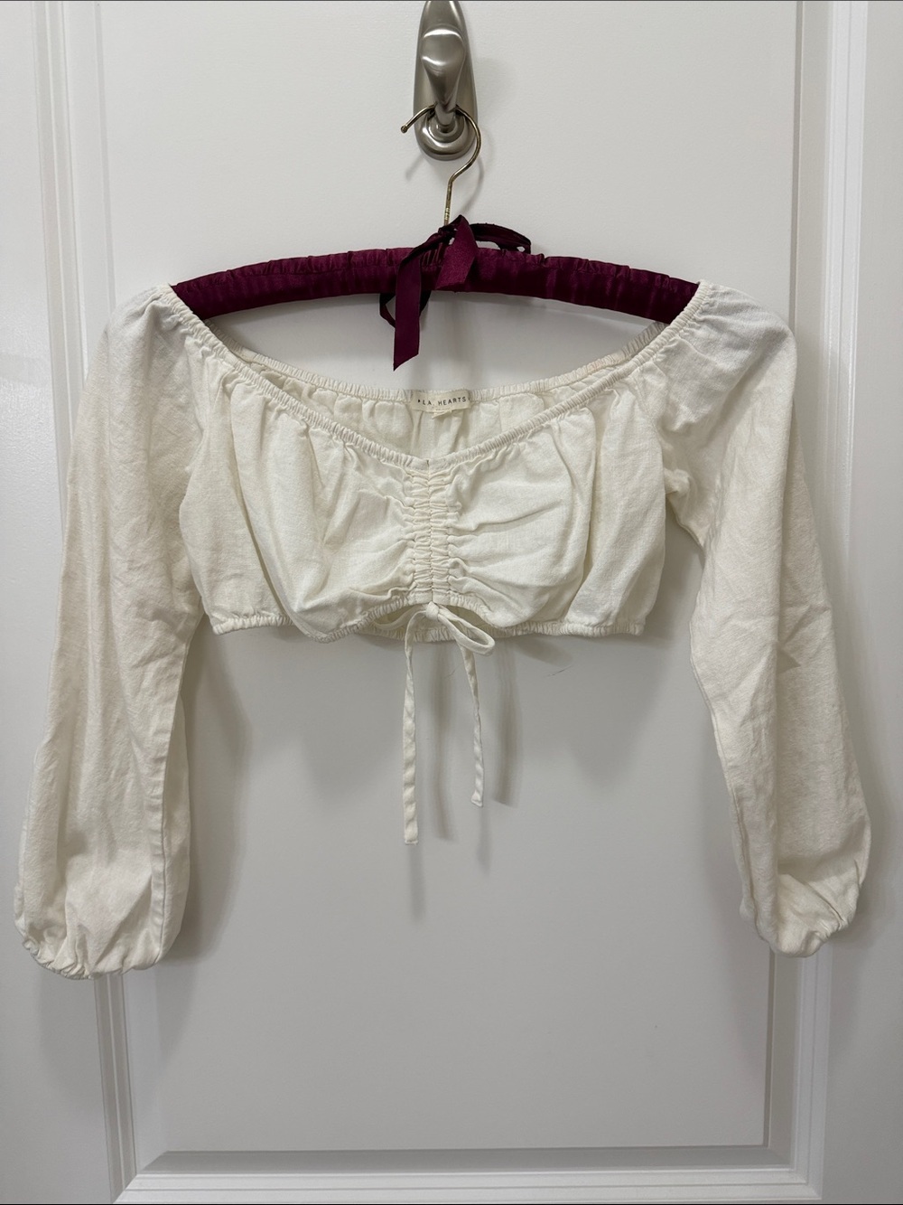La Hearts Ivory Off-Shoulder Ruched Drawstring Crop Top